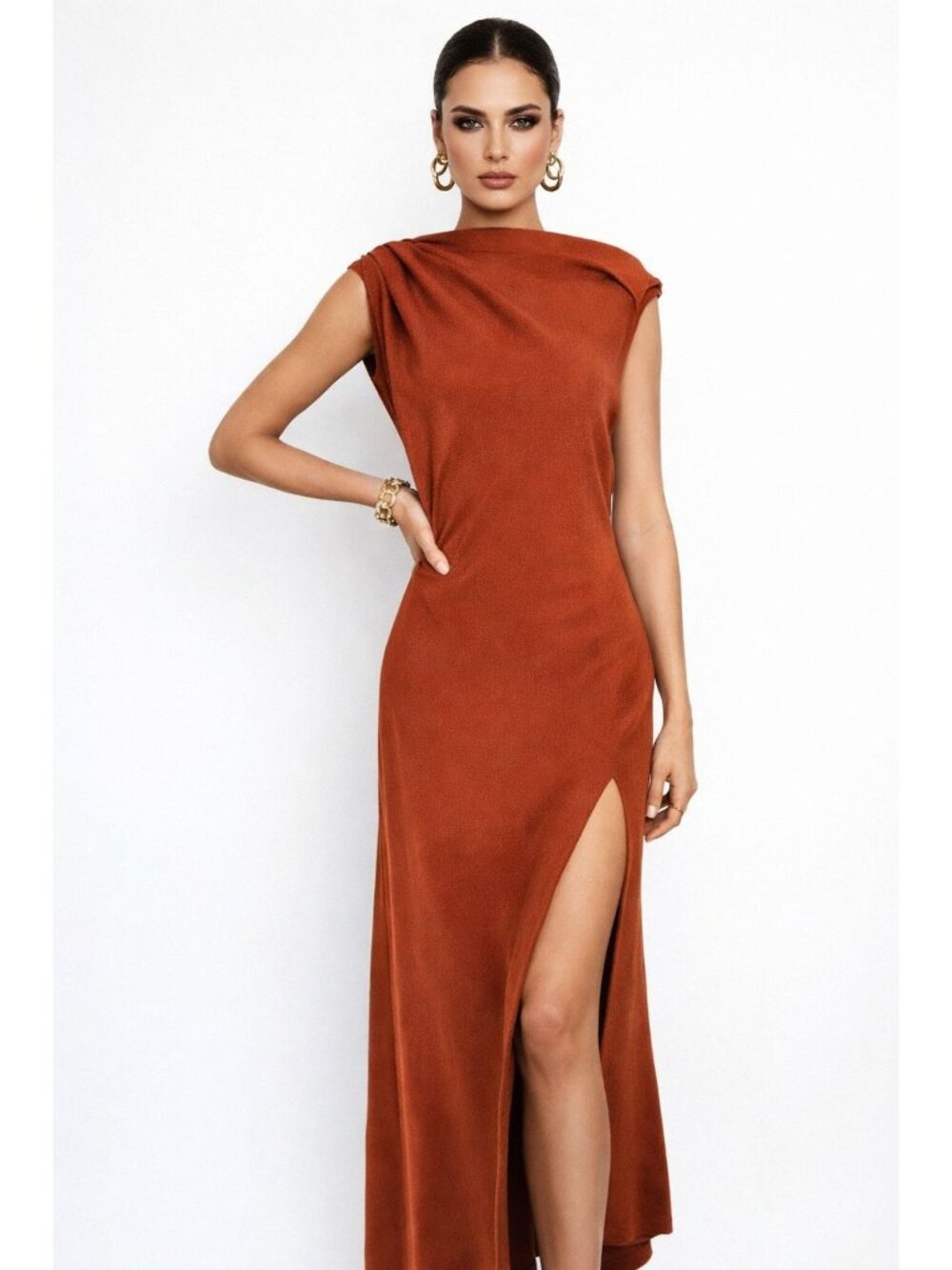 NWT Lioness Original Sin Brown XXL Bodycon Maxi Dress Draped Neckline Party Sexy